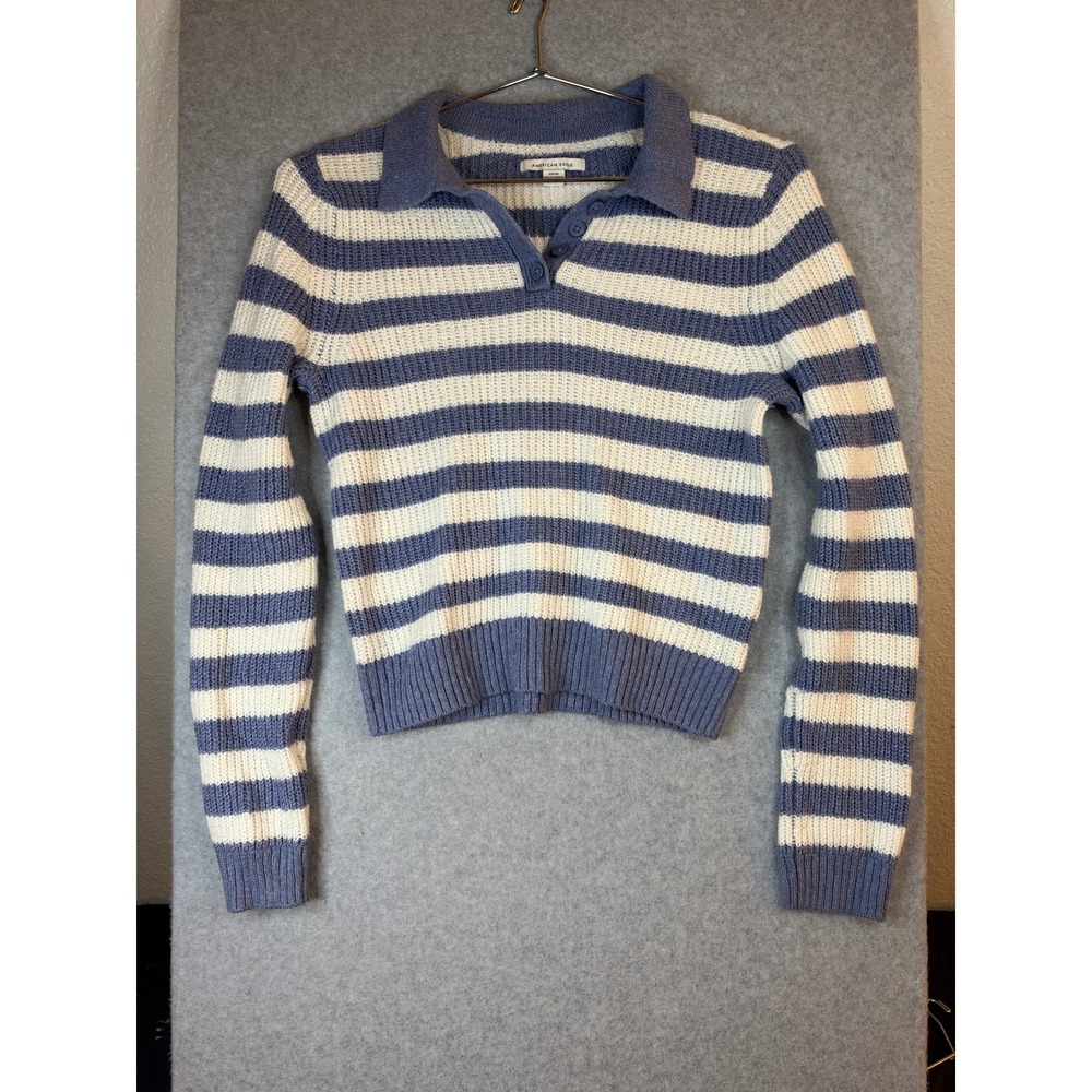American Eagle Blue White Striped Polo Collar Knit Sweater Long Sleeve Small